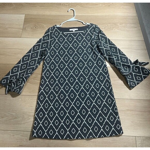 Loft Long Sleeve Mini Shift Dress Womens Size MP Black  Diamond Tie Cuff Chic - Picture 3 of 6